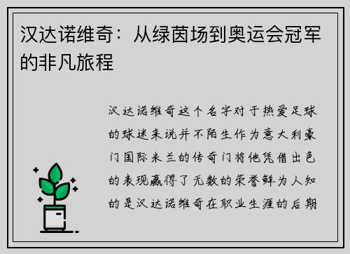 汉达诺维奇：从绿茵场到奥运会冠军的非凡旅程